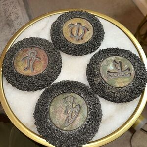Set of 4 Ben Diller Raku Pottery Coasters.  Hawaii Lava Texture with Petroglyph
